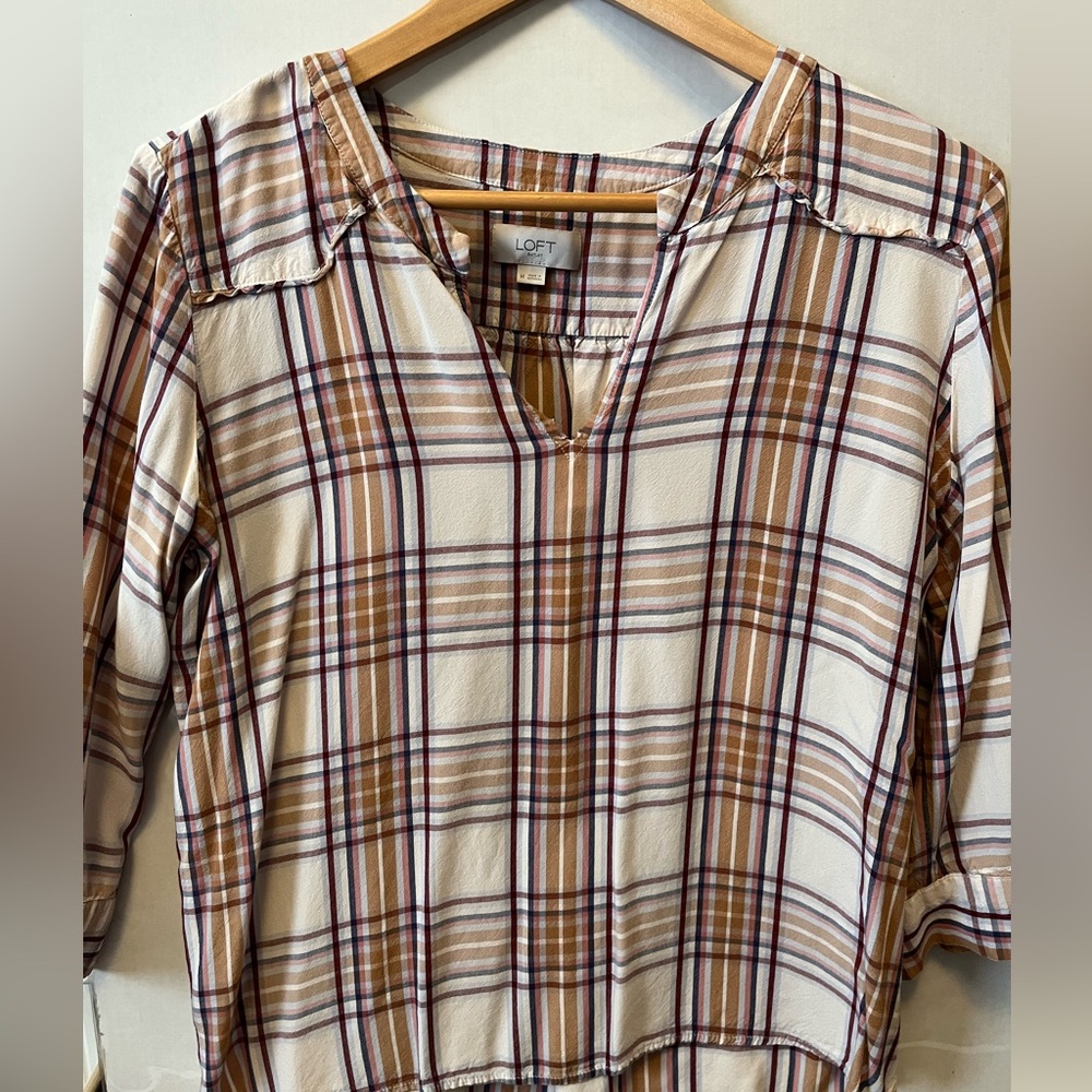LOFT Tan and Brown 3/4 Sleeve Notched Collar Blouse